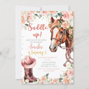 Invitation Cheval Fille Anniversaire Cowgirl rose Floral