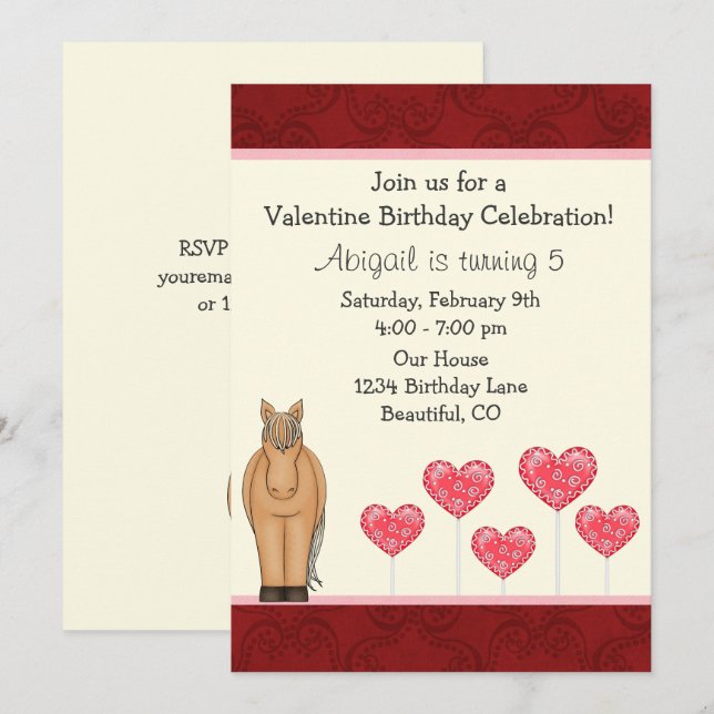 Invitation Cheval mignon et Coeurs Saint Valentin Anniversair (Devant / Derrière)