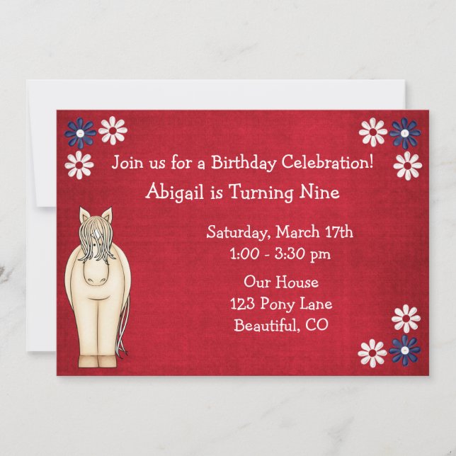 Invitation Cheval mignon et fleurs Rouge Blanc et Bleu Annive (Devant)