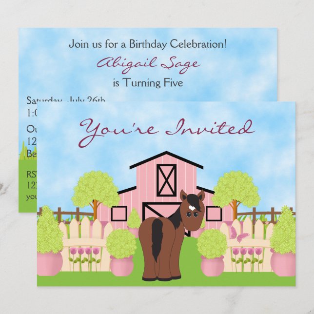Invitation Cheval mignon ~ Jolie grange rose Anniversaire Inv (Devant / Derrière)