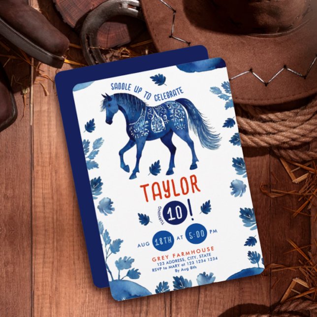 Invitation Cheval Poney Bleu Rustique Fête Western Aquarelle (Créateur téléchargé)