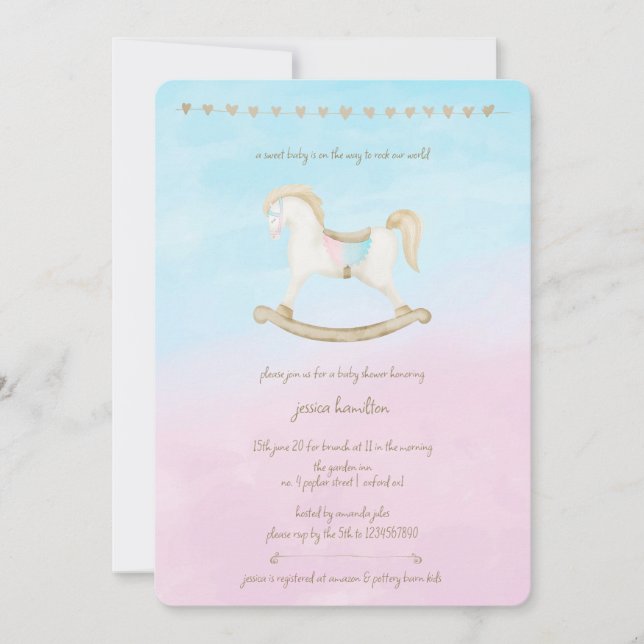 Invitation Cheval Rocher bleu rose Baby shower neutre pour le (Devant)