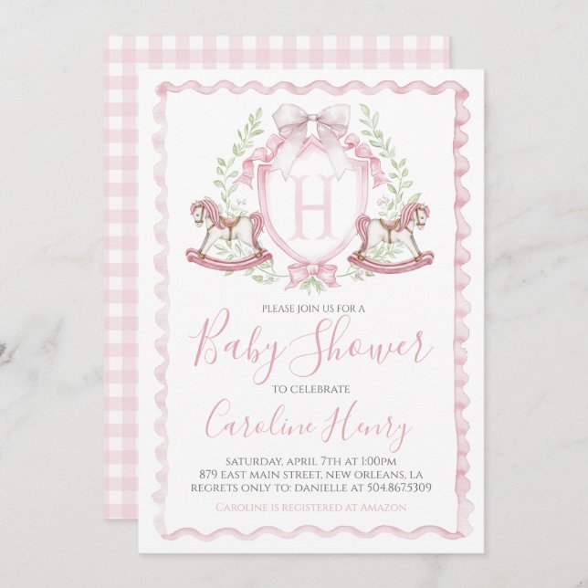 Invitation Cheval Rocheux Baby shower rose En vichy rose (Devant / Derrière)
