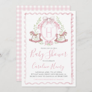 Invitation Cheval Rocheux Baby shower rose En vichy rose