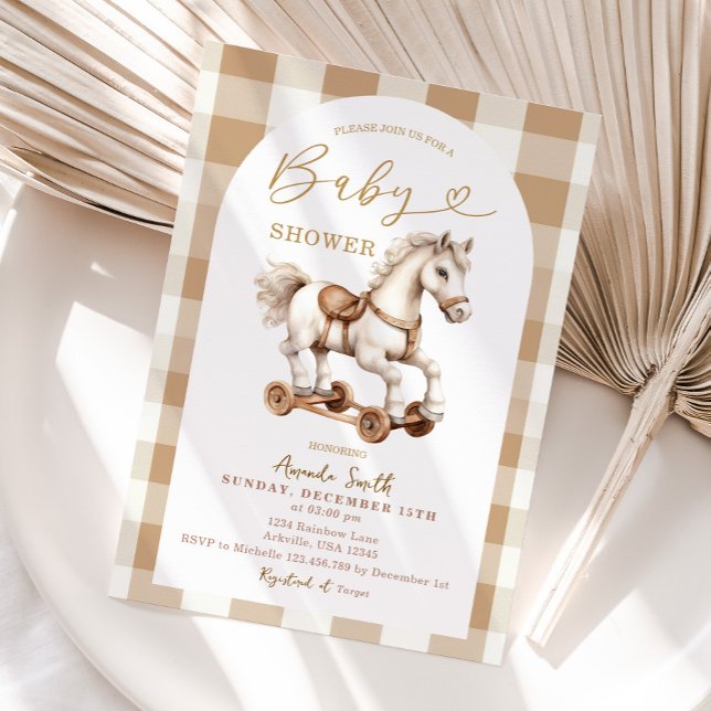 Invitation Cheval Rocheux Beige Brown En vichy Baby shower Ar (Créateur téléchargé)