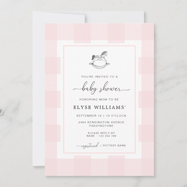 Invitation Cheval Rocheux Rose En vichy Baby shower Invitatio (Devant)