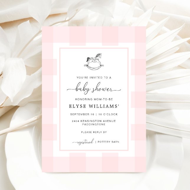 Invitation Cheval Rocheux Rose En vichy Baby shower Invitatio (Baby Shower Invitation Pink Gingham Rocking Horse )