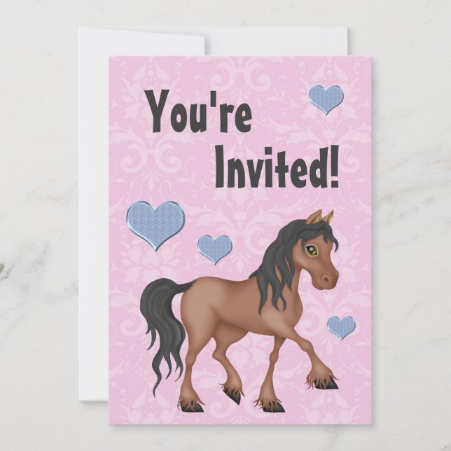 Invitation Cheval rose et bleu & Coeurs Damask Anniversaire I (Devant)