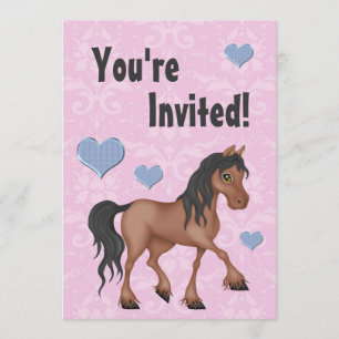Invitation Cheval rose et bleu & Coeurs Damask Anniversaire I