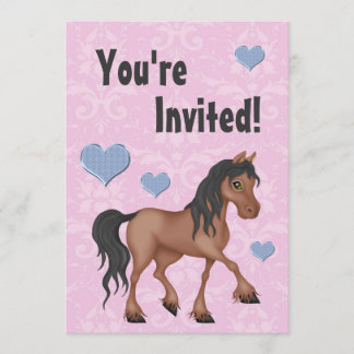 Invitation Cheval rose et bleu & Coeurs Damask Anniversaire I