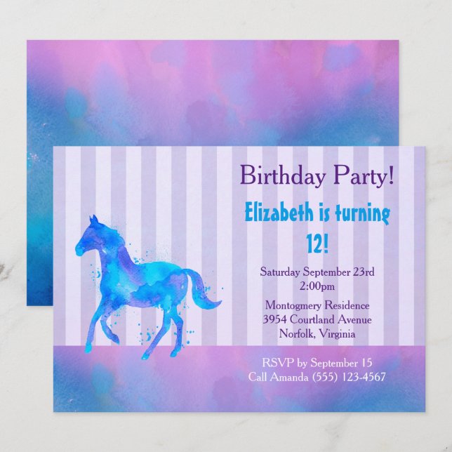 Invitation Cheval Sauvage dans l'Aquarelle Bleue et Violette  (Devant / Derrière)