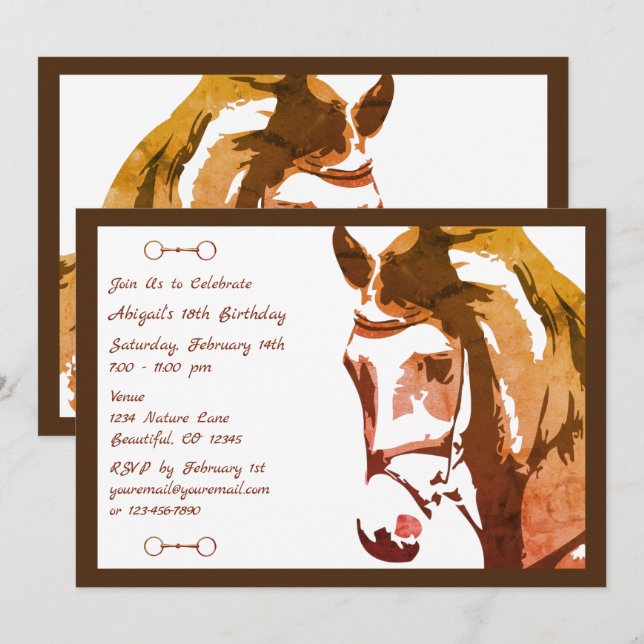 Invitation Cheval Sketch et Snaffle Bit en Brown Anniversaire (Devant / Derrière)