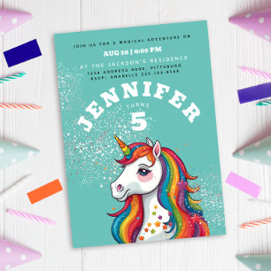 Invitation Cheval Unicorn Arc En Ciel Moderne Sur Aqua Blue