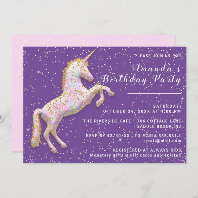 Invitation Cheval Unicorne Rose Or Anniversaire Confetti Purp (Devant / Derrière)