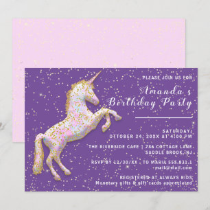 Invitation Cheval Unicorne Rose Or Anniversaire Confetti Purp