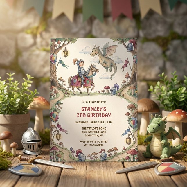 Invitation Chevalier à l'aquarelle Dragon Fée Garçon Annivers (Watercolor Knight Dragon Fairytale Boy Birthday Invitation)