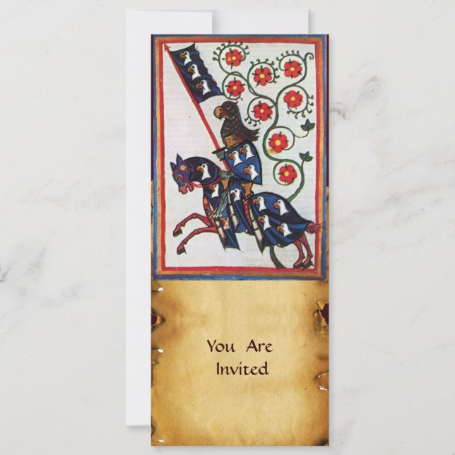 INVITATION CHEVALIER BLEU À CHEVAL PARCHEMIN MÉDIÉVAL (Devant)