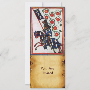 INVITATION CHEVALIER BLEU SUR HORSEBACK PARCHEMENT MÉDIÉVAL