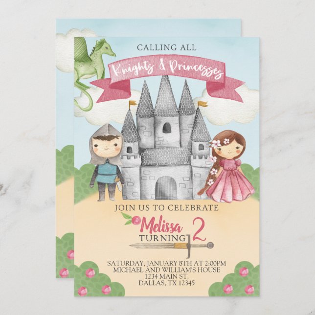 Invitation Chevalier et princesse Anniversaire Fête Invitatio (Devant / Derrière)