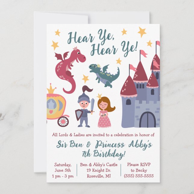 Invitation Chevalier & Princesse, Dragon, Castle Birthday Par (Devant)
