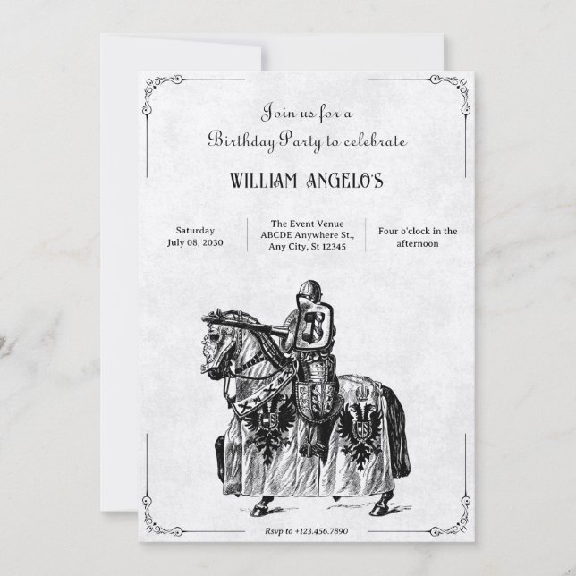 Invitation Chevalier vintage à cheval avec anniversaire d'épé (Devant)