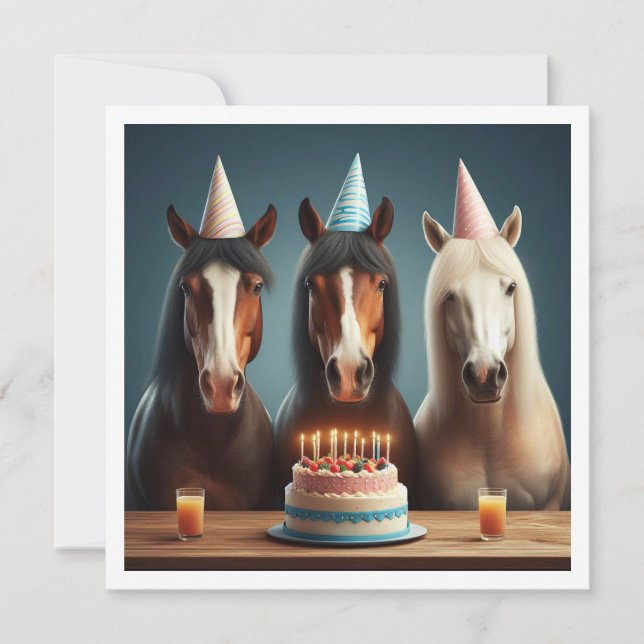Invitation Chevaux célébrant l'anniversaire avec gâteau et ca (Devant)