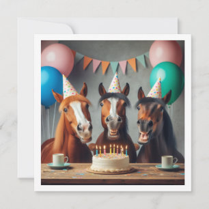 Invitation Chevaux célébrant l'anniversaire avec gâteau et ca