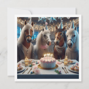 Invitation Chevaux célébrant l'anniversaire avec gâteau et ca