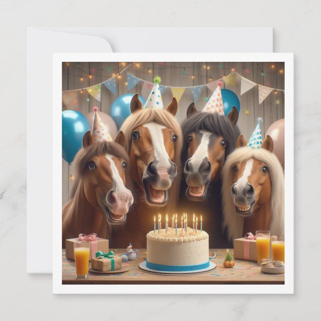 Invitation Chevaux célébrant l'anniversaire avec gâteau et ca (Devant)