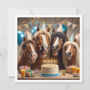 Invitation Chevaux célébrant l'anniversaire avec gâteau et ca