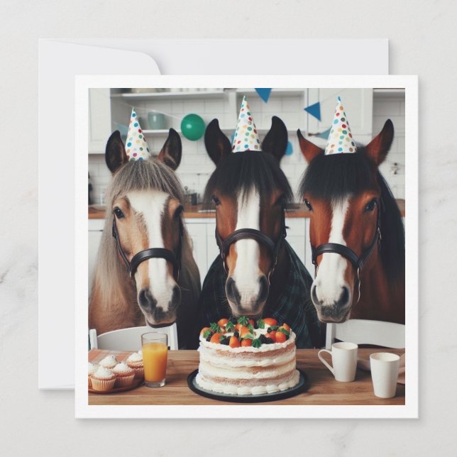 Invitation Chevaux célébrant l'anniversaire avec gâteau et ca (Devant)