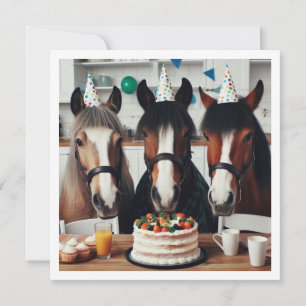 Invitation Chevaux célébrant l'anniversaire avec gâteau et ca