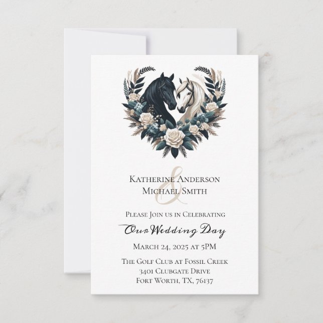 Invitation Chevaux de mariage campagnard en amour (Devant)