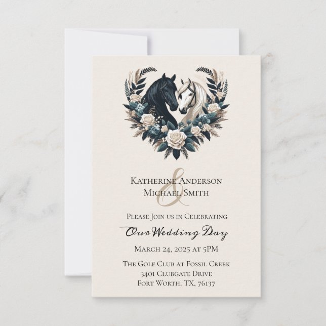 Invitation Chevaux de mariage campagnard en amour (Devant)