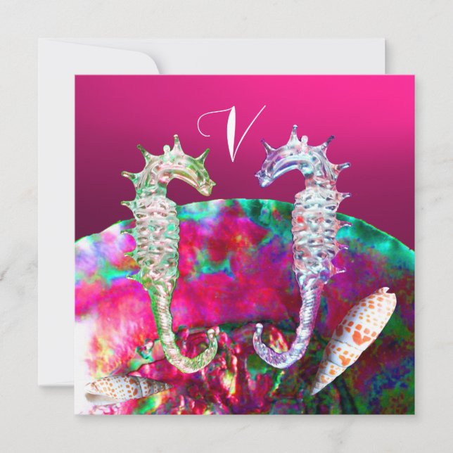 Invitation CHEVAUX DE MER MONOGRAMME DE MARIAGE, Rose noir (Devant)