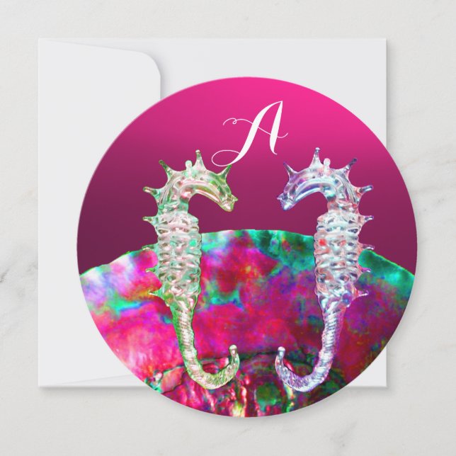 INVITATION CHEVAUX DE MER, NACRE ROSE MONOGRAMME DE MARIAGE D (Devant)