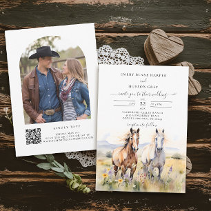 Invitation Chevaux fleur sauvage Peinture Mariage campagnard