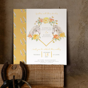 Invitation Chevaux gris et roses jaunes mariage monogrammé