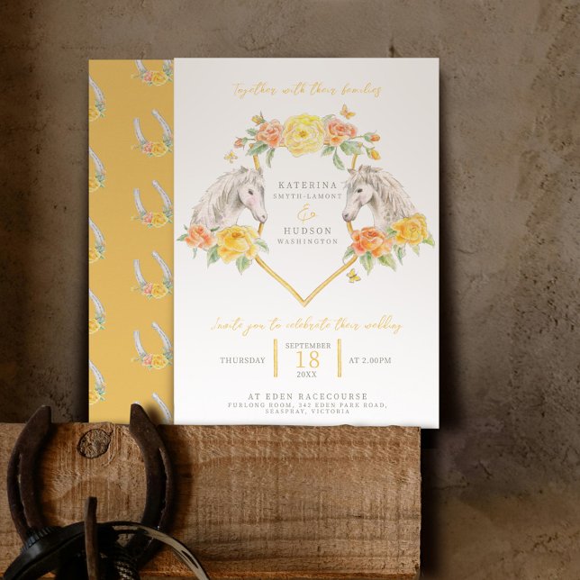 Invitation Chevaux gris et roses jaunes mariage monogrammé (Créateur téléchargé)