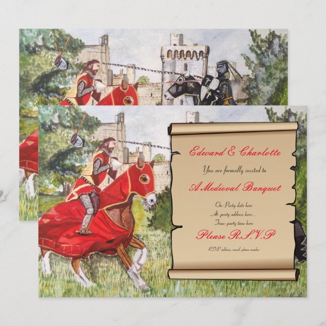 Invitation Chevaux joutants d'invitation médiévale de banquet (Devant / Derrière)