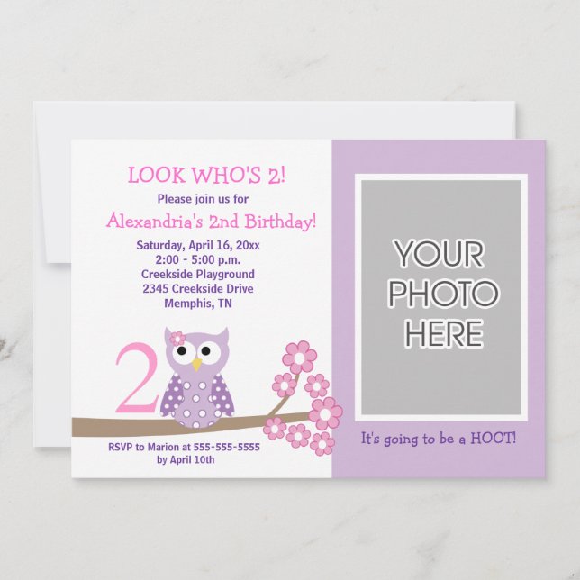 Invitation Chevêche de Hoot Purple *PHOTO* Anniversaire 5x7 (Devant)