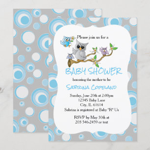 Invitation Chevêche des bébés bleu et gris 🦉  Thème de la do