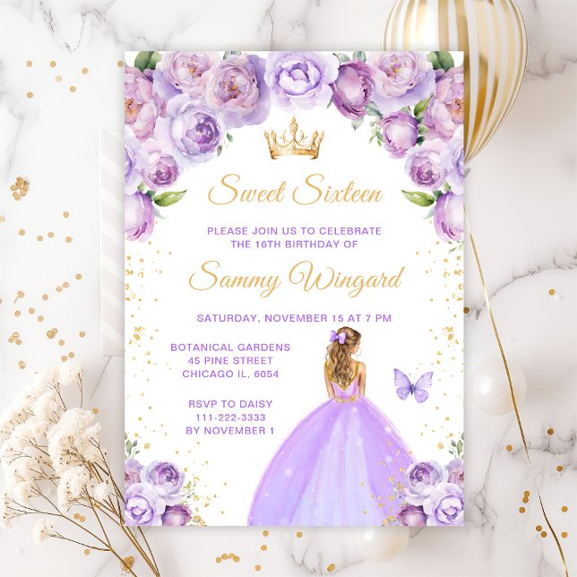 Invitation Cheveux Blonds Violet Clair Princesse Sweet Seize  (Créateur téléchargé)