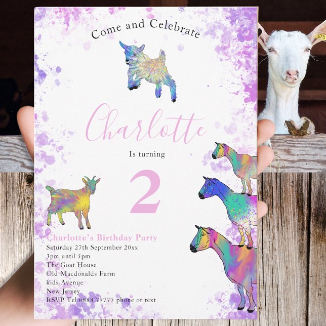 Invitation Chèvres Aquarelle Filles Anniversaire Fête Rose (Cute goat colorful watercolor farm animals 2nd birthday party invitation in pink purple blue yellow)