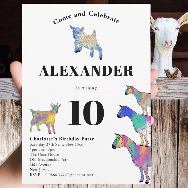 Invitation Chèvres colorées 10e fête d'anniversaire (Cute Goat themed colorful farm animal art 10th birthday party invitation )