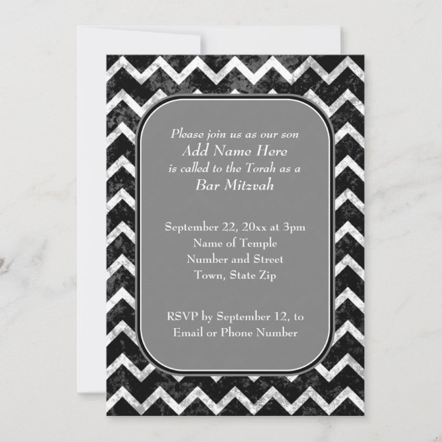Invitation Chevron Bar Mitzvah noir et blanc Motif Grunge (Devant)