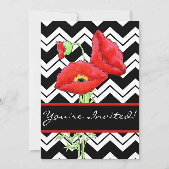 Invitation Chevron blanc noir Chevron ZizZag rouge Poppy noir (Devant)