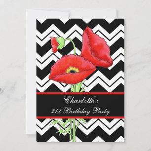 Invitation Chevron Blanc Noir ZizZag Red Poppy 21e anniversai