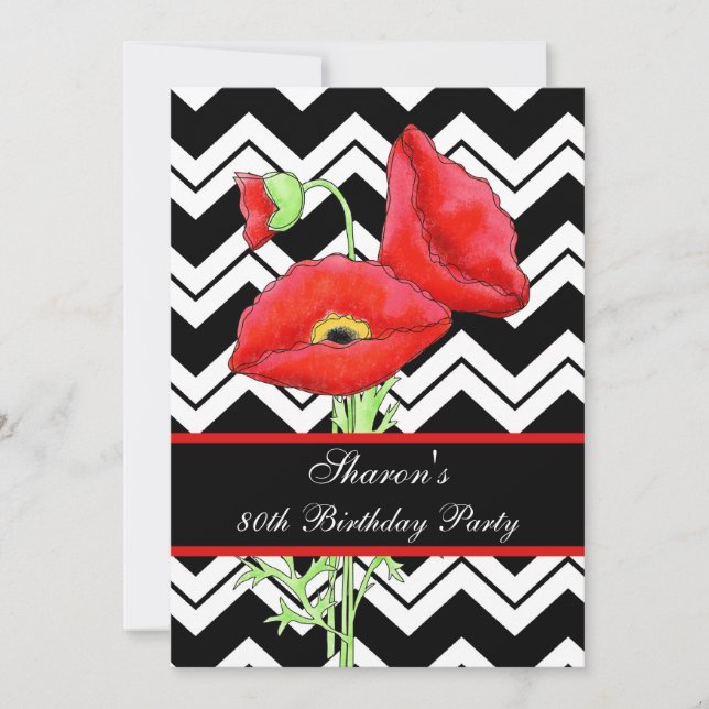Invitation Chevron Blanc Noir ZizZag Rouge Poppy 80e annivers (Devant)