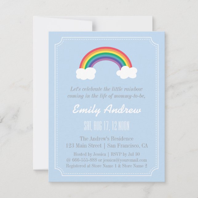 Invitation Chevron bleu et blanc, baby shower d'arc-en-ciel (Devant)